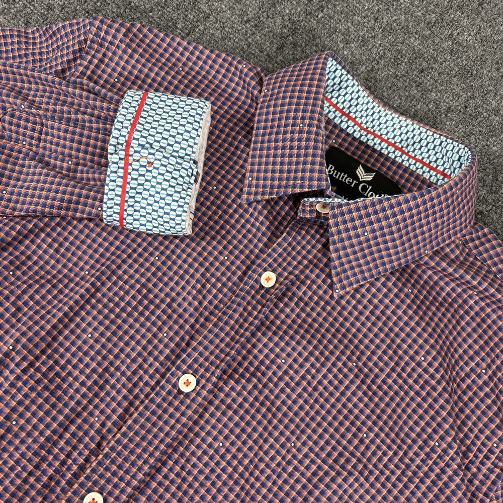Butter Cloth Button Up Shirt Mens Medium Plaid Red Flip Cuff Formal Preppy‎